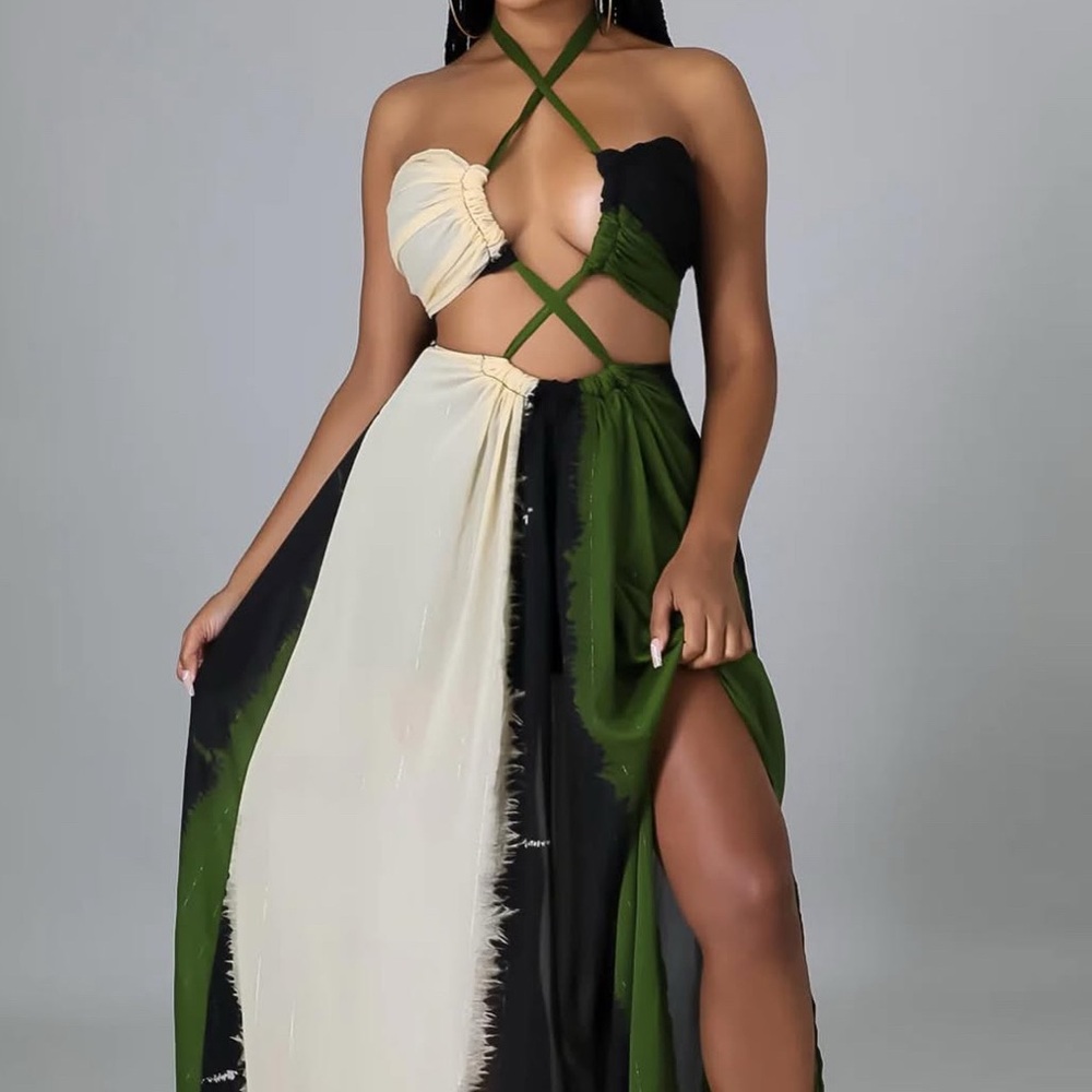 Green Cream Backless Maxi Dress – Halter Tie Elegant